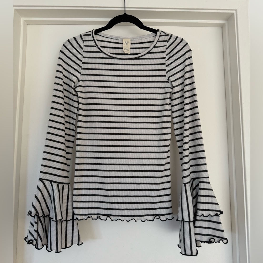 Women’s Free People Charcoal and White Striped Long Sleeve Top w/ Bell Sleeves
